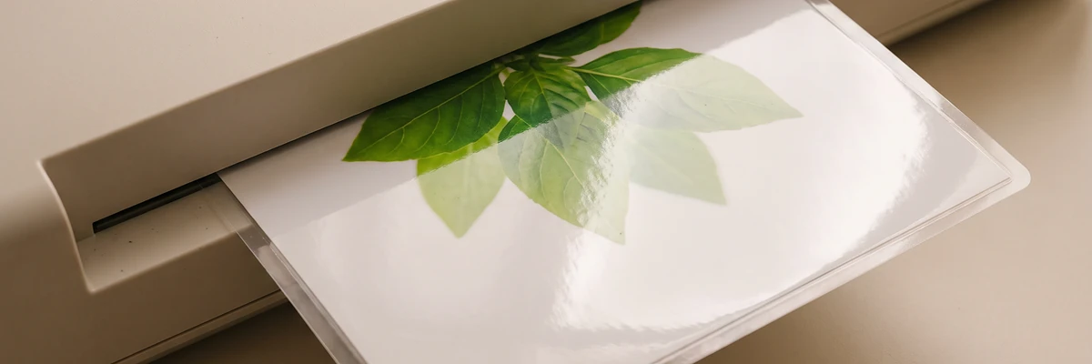 A3 and A4 laminating – a print in a gloss laminating pouch coming out of a laminator